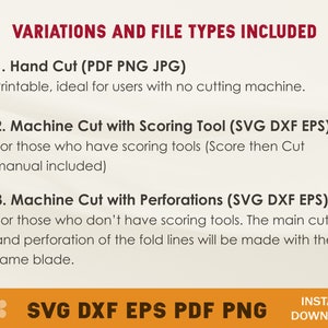 May include: A graphic showing the different file types included in a digital download. The file types include SVG, DXF, EPS, PDF, and PNG. The text "VARIATIONS AND FILE TYPES INCLUDED" is at the top of the graphic. The text "INSTANT DOWNLOAD" is at the bottom of the graphic.