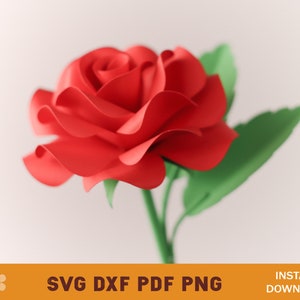 May include: A single red paper rose with green leaves and a stem. The rose is made of paper and has a realistic appearance. The rose is a popular symbol of love and romance.