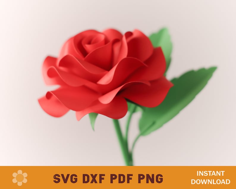 May include: A single red paper rose with green leaves and a stem. The rose is made of paper and has a realistic appearance. The rose is a popular symbol of love and romance.