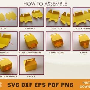 May include: A step-by-step guide on how to assemble a yellow paper box with a handle. The instructions include images of each step, with numbers and text labels. The text includes: "HOW TO ASSEMBLE", "1. CUT", "2. PREFOLD", "3. ADD GLUE", "4. GLUE TOGETHER", "5. ADD GLUE", "6. GLUE TO OPPOSITE SIDE", "7. START FOLDING", "8. FOLD", "9. FOLD AND PUSH THROUGH", "9. READY", "SVG DXF EPS PDF PNG", "INSTANT DOWNLOAD".