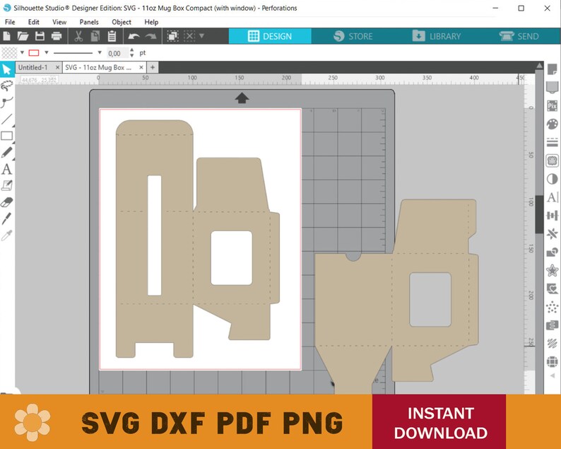 May include: A digital design for a 11oz mug box with a window. The design is shown in a Silhouette Studio software interface. The box is made up of several pieces that are cut out and folded to create the box. The box has a window on the front and a flap on the top.