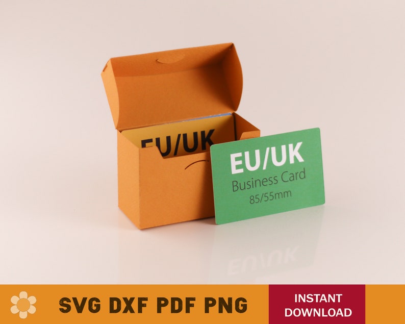 May include: A brown box with a lid open, revealing a stack of business cards. The top card is green and says "EU/UK Business Card 85/55mm".