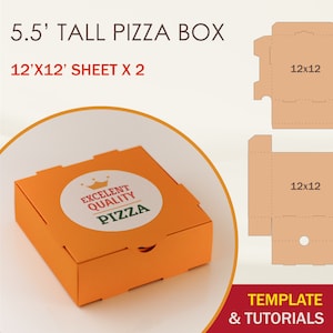 May include: A template for a 5.5 inch tall pizza box, made from two 12x12 inch sheets of paper. The template includes a design for the box itself, as well as a label that says "Excellent Quality Pizza".