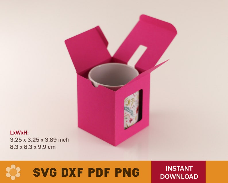 May include: A pink cardboard box with a cutout for a mug. The mug has a floral pattern. The box measures 3.25 inches by 3.25 inches by 3.89 inches.