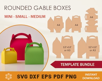Puede incluir: Imagen de cajas de gable redondeadas en amarillo, rojo y verde, con asas. El texto dice "ROUNDED GABLE BOXES MINI - SMALL - MEDIUM" y "TEMPLATE BUNDLE". Incluye formatos de archivo SVG, DXF, EPS, PDF y PNG.