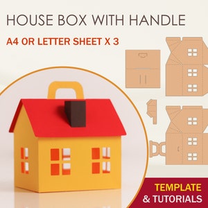 Plantilla SVG de caja de casa, plantilla de casa de papel, caja con asa, archivos de corte cricut, archivos de corte de silueta