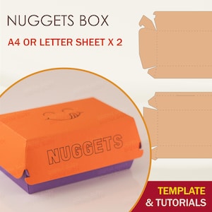 Puede incluir: Una plantilla imprimible para una caja para guardar nuggets. La plantilla está etiquetada como "Nuggets Box" e incluye el texto "A4 or Letter Sheet x 2". La plantilla se muestra doblada en una caja con las palabras "Nuggets" impresas en la parte delantera.