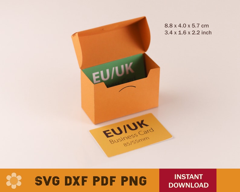 May include: Orange business card holder with a green business card inside. The card holder is open and the business card is visible. The business card says "EU/UK Business Card 85/55mm".