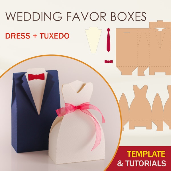 Wedding Favor Box Template Bundle, Tuxedo Box SVG Template, Dress Box SVG Template, Cricut Cut Files, Sihouette Cut Files