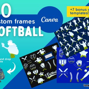 May include: A graphic design featuring the word "SOFTBALL" in large white letters, with the text "50 custom frames Canva" above it. Additional text includes "+7 bonus collage templates!" and "drag and drop editable". Various softball-themed graphics are also present.
