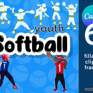 May include: A digital illustration featuring youth softball graphics. The image includes silhouettes of players, the word "Softball" in bold letters, and two players in action. The Canva logo and the number 6 are also present.