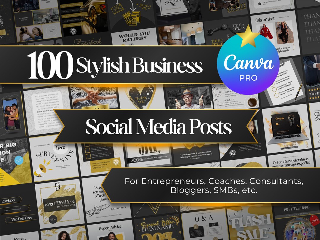 100 Social Media Posts Pack | Business Style Gold and Grey | Canva Pro ...