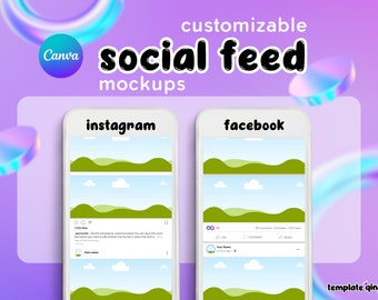 May include: A digital mockup showcasing social media templates for Instagram and Facebook. The image features two smartphone screens displaying landscape images with green hills and blue skies, with the Canva logo in the upper left corner.