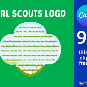 Könnte beinhalten: Grafik mit dem Text "GIRL SCOUTS LOGO" in Weiß auf grünem Hintergrund. Eine Kleeblattform enthält 99 ausfüllbare Clipart-Rahmen. Ein blau-violetter Kreis mit dem Wort "Canva" befindet sich rechts.