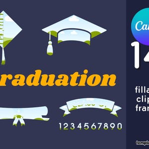 Könnte beinhalten: Grafik mit Abschluss-Clipart. Enthält einen Mortarboard, ein Diplom, ein Banner und ein rautenförmiges Element, alle mit einem Himmel- und Landschaftsdesign. Das Wort "Graduation" ist in Gold, und die Zahl "14" ist in Weiß.
