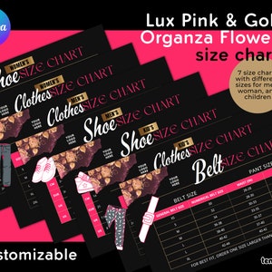 Può includere: Tabelle delle taglie nere con accenti floreali rosa e oro. Le tabelle includono taglie di scarpe, vestiti e cinture per uomini, donne e bambini. Il testo "Lux Pink & Gold Organza Flowers size charts" è in alto.