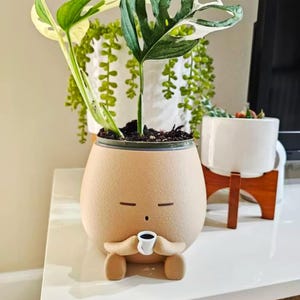 TOT with a Drink Cozy Planter Pot Coffee Lover Planter Cute Coffee Decor Plant Gift for Her, Him, and Plant Lover Clear Pots with Drainage