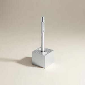 May include: A silver-colored pen standing upright in a square, silver-colored base. The base features a circular, ripple-like texture on its top surface, surrounding the pen. The pen has a smooth, cylindrical body with a vertical clip attached to its side.