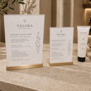 May include: Two white rectangular acrylic signs with gold bases and a white squeeze tube of Velora Botanique Reverie Hand Balm. The signs feature black text detailing botanical notes, key benefits, and the brand name, with a floral line drawing.