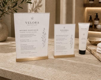 May include: Two white rectangular acrylic signs with gold bases and a white squeeze tube of Velora Botanique Reverie Hand Balm. The signs feature black text detailing botanical notes, key benefits, and the brand name, with a floral line drawing.