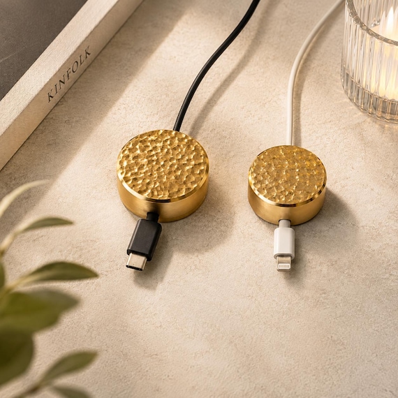 Handmade Hammered Brass Cable Holder: Elegant Desk Organizer