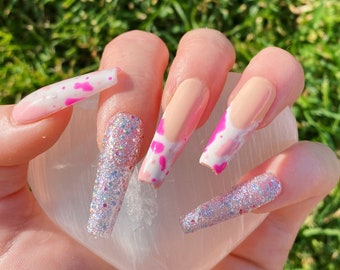 Pink Cow Print Nails | Luxury Coffin Press-On Nails | Blue Also Available On My Page!