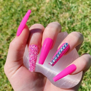 Pink Barbie Rhinestone Nails | Luxury Nail Sets | Yellow Also Available On My Page!