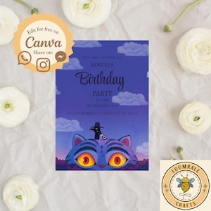 May include: A birthday party invitation with a whimsical cat illustration. The invitation text reads "You are invited to Samuel's Birthday Party at 2 PM, 20 January 2024." The design includes a Canva logo and a Loomkale Crafts logo.