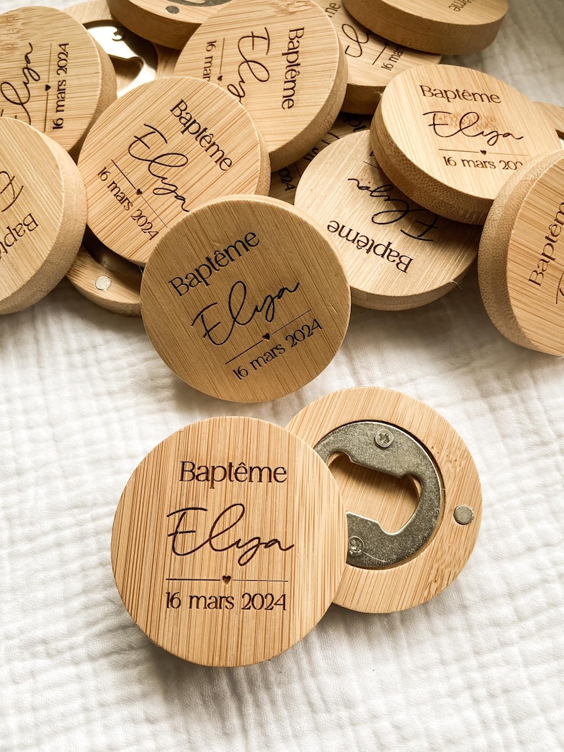 Décapsuleur en bois personnalisé cadeau invité Ouvre bouteille en bois Magnet en bois personnalisé pour mariage baptême bambou image 5