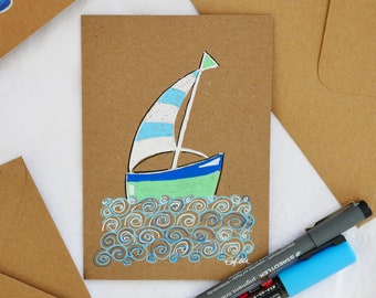 Hand drawn card, sailing boat at sea. Original drawing, doodle style, unique art card, not a print. Paint markers on kraft.