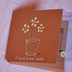 Hand drawn note cards, notelets, daisies in a glass. Five unique cards in case. Original drawings, not printed. Paint markers on kraft. image 4