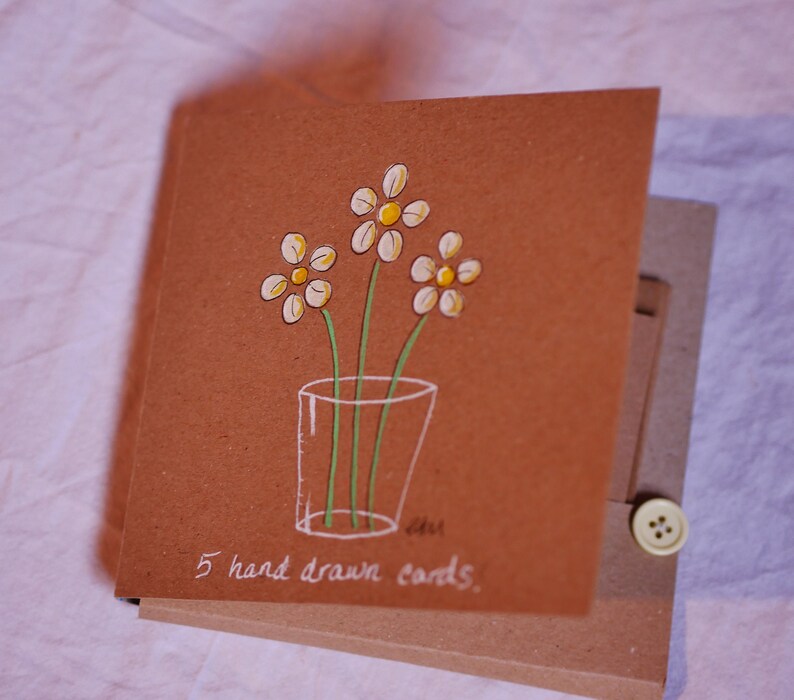 Hand drawn note cards, notelets, daisies in a glass. Five unique cards in case. Original drawings, not printed. Paint markers on kraft. image 4