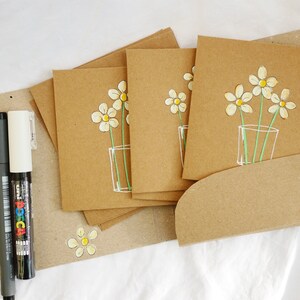 Hand drawn note cards, notelets, daisies in a glass. Five unique cards in case. Original drawings, not printed. Paint markers on kraft. image 1