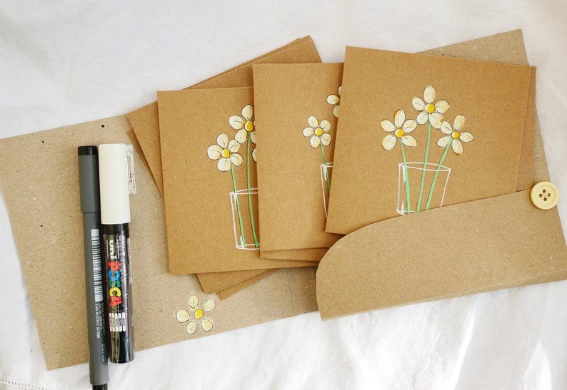 Hand drawn note cards, notelets, daisies in a glass. Five unique cards in case. Original drawings, not printed. Paint markers on kraft. image 1
