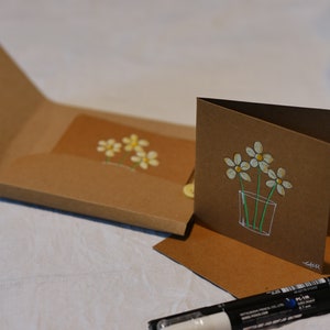 Hand drawn note cards, notelets, daisies in a glass. Five unique cards in case. Original drawings, not printed. Paint markers on kraft. image 10