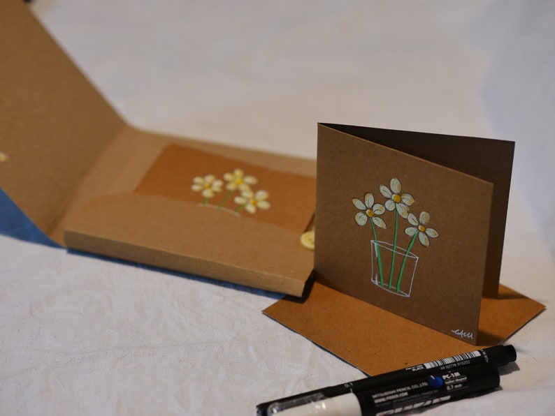 Hand drawn note cards, notelets, daisies in a glass. Five unique cards in case. Original drawings, not printed. Paint markers on kraft. image 10