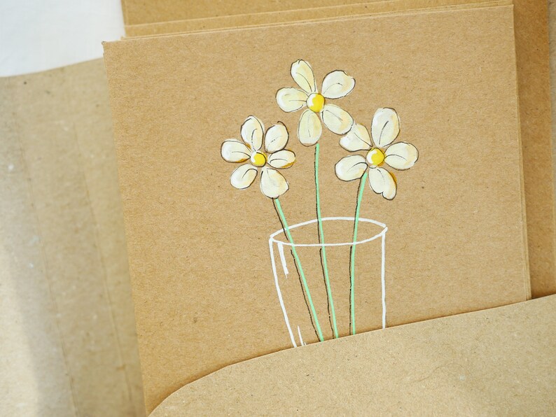 Hand drawn note cards, notelets, daisies in a glass. Five unique cards in case. Original drawings, not printed. Paint markers on kraft. image 6