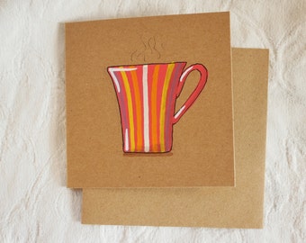 Hand drawn card, red stripey mug. Original drawing, unique art card, not a print. Paint markers on kraft.