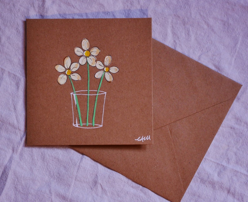 Hand drawn note cards, notelets, daisies in a glass. Five unique cards in case. Original drawings, not printed. Paint markers on kraft. image 8