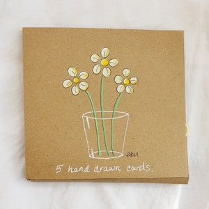 Hand drawn note cards, notelets, daisies in a glass. Five unique cards in case. Original drawings, not printed. Paint markers on kraft. image 3