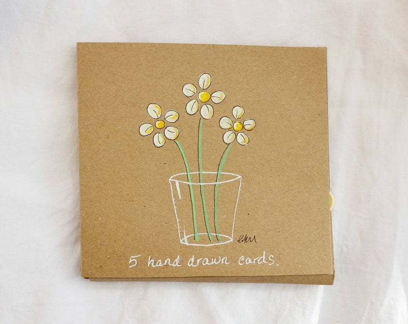 Hand drawn note cards, notelets, daisies in a glass. Five unique cards in case. Original drawings, not printed. Paint markers on kraft. image 3