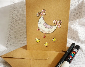 Hand drawn greetings card - Hen with chicks. Unique art card. Original drawing, not a print. Paint markers on kraft.