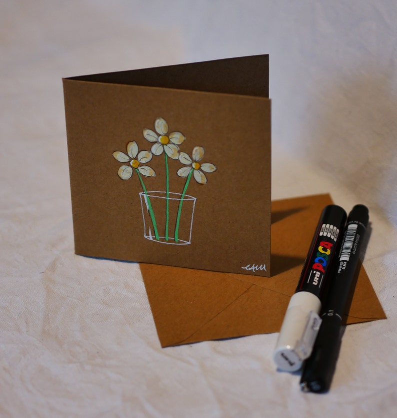 Hand drawn note cards, notelets, daisies in a glass. Five unique cards in case. Original drawings, not printed. Paint markers on kraft. image 9