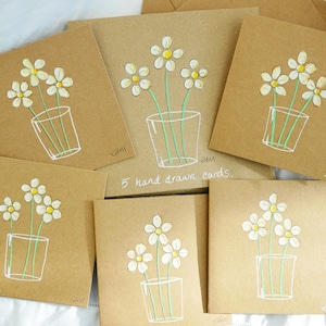 Hand drawn note cards, notelets, daisies in a glass. Five unique cards in case. Original drawings, not printed. Paint markers on kraft. image 2