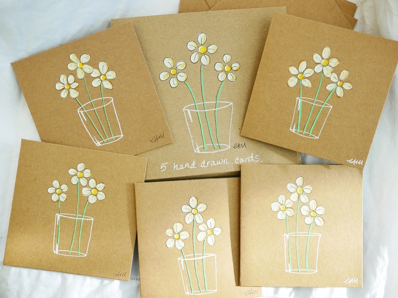 Hand drawn note cards, notelets, daisies in a glass. Five unique cards in case. Original drawings, not printed. Paint markers on kraft. image 2