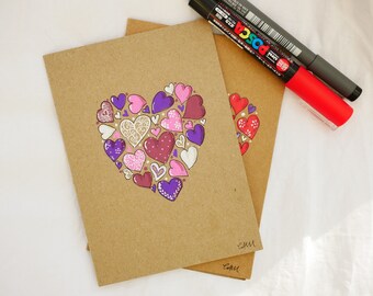 Hand drawn card, pink and purple hearts. Original drawing, unique art card, not a print. Paint markers on kraft.