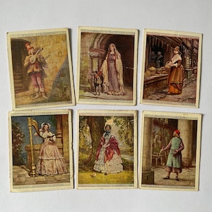 6 vintage cigarette cards English Period Costumes series collectable ephemera, tobacco, tags, tucks, paper art, fashion