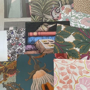 May include: A collage of various wallpaper samples featuring diverse patterns and colors. Designs include floral, botanical, and abstract motifs, with a central image of books and a seashell. The color palette ranges from muted tones to vibrant hues.