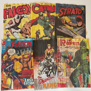 6 vintage comic book cover images - Catman, Phantom, Strato, Falcon for junk journal, collage, smash book scrap book water damaged pages