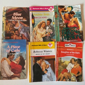 Seis portadas de novelas románticas rescatadas para crear diarios basura, collages, adornos, efímeras de papel y portadas de libros de bolsillo.